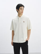 Men's Beige Loose Solid Polo Shirt with Chest Embroidery